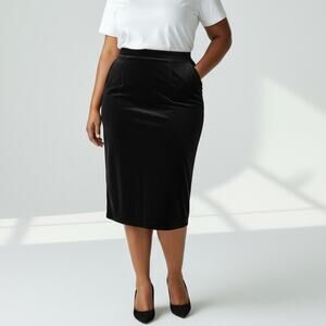 Vintage Laura Winston Black Rayon Velvet Midi Pencil Skirt Size 12 Bling Button